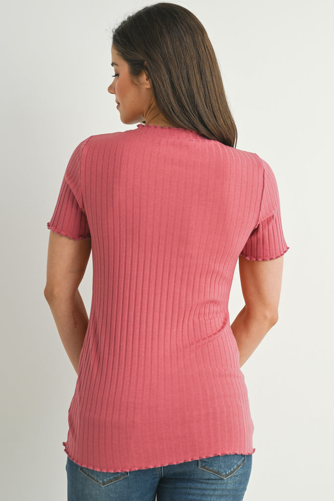 Mauve Ribbed Round Neck Short Sleeve Maternity Top Back View