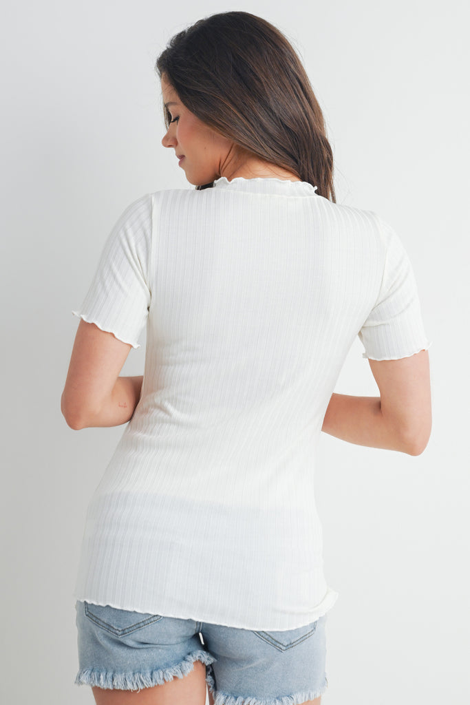 Off White Ribbed Round Neck Short Sleeve Maternity Top Back View