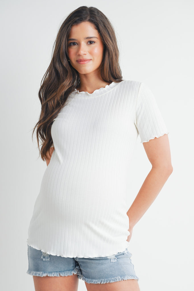 Off White Ribbed Round Neck Short Sleeve Maternity Top Front View