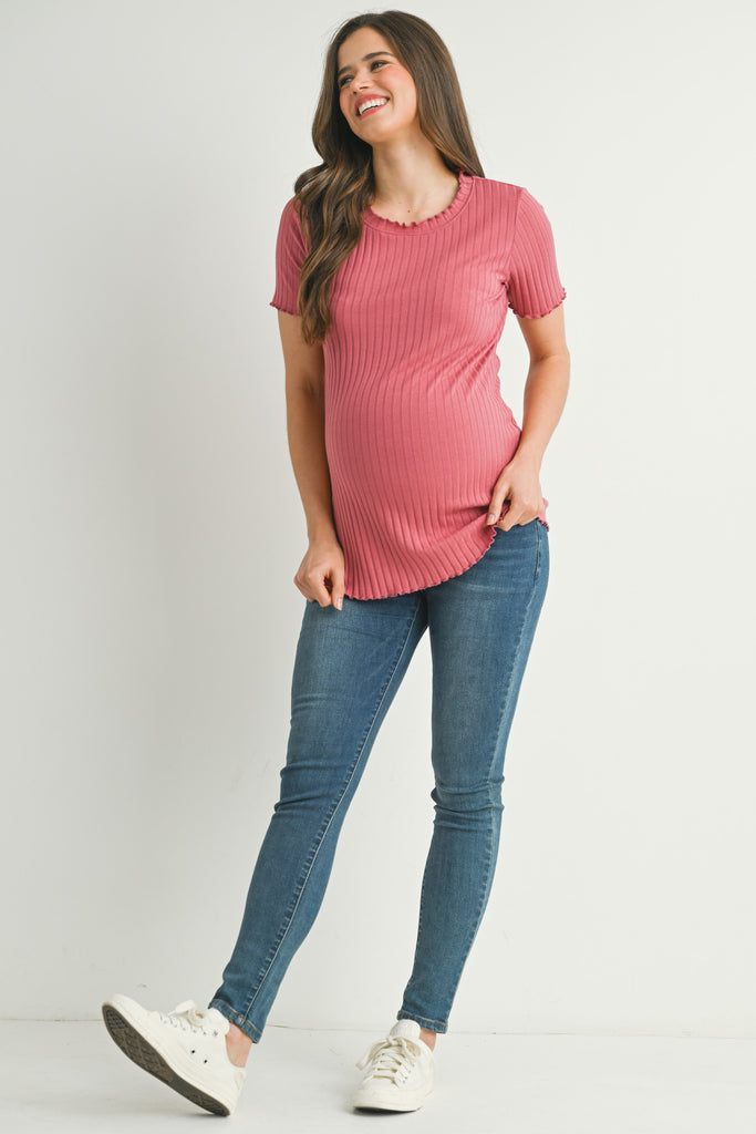 Mauve Ribbed Round Neck Short Sleeve Maternity Top Full Body