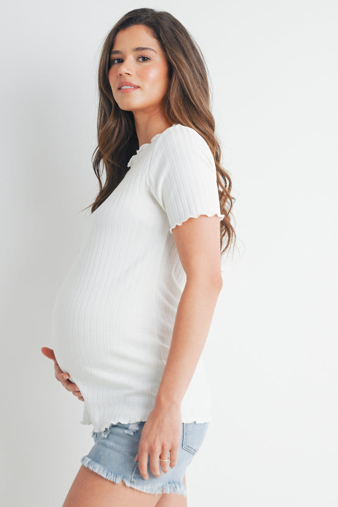 Off White Ribbed Round Neck Short Sleeve Maternity Top Side View