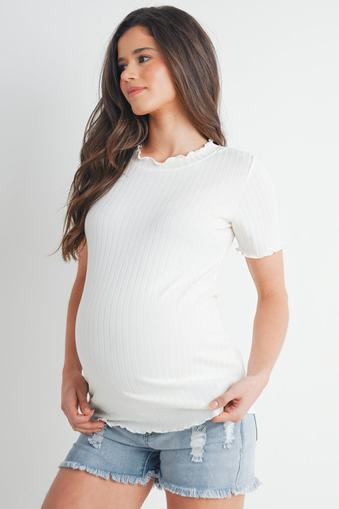 Off White Ribbed Round Neck Short Sleeve Maternity Top Side View