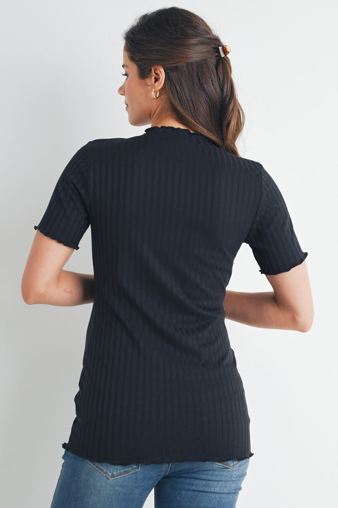 Black Ribbed Round Neck Short Sleeve Maternity Top Back View