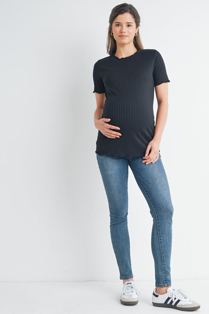 Black Ribbed Round Neck Short Sleeve Maternity Top Full Body View