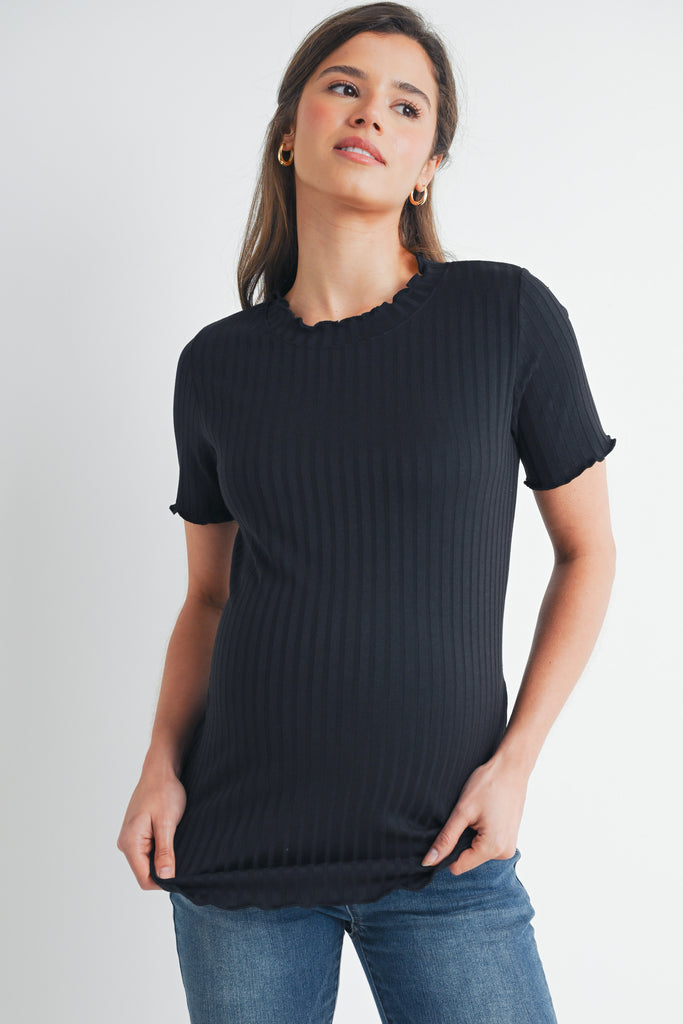 Black Ribbed Round Neck Short Sleeve Maternity Top Front View