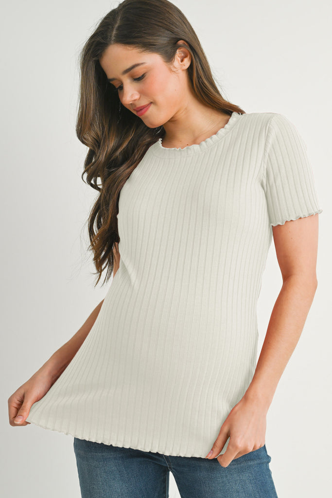 Ivory Ribbed Round Neck Short Sleeve Maternity Top Front View