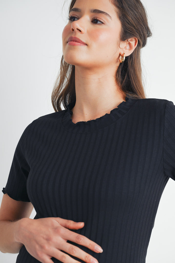 Black Ribbed Round Neck Short Sleeve Maternity Top Close Up Detail