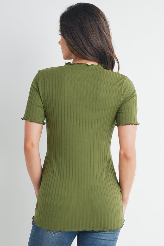 Olive Ribbed Round Neck Short Sleeve Maternity Top Back View