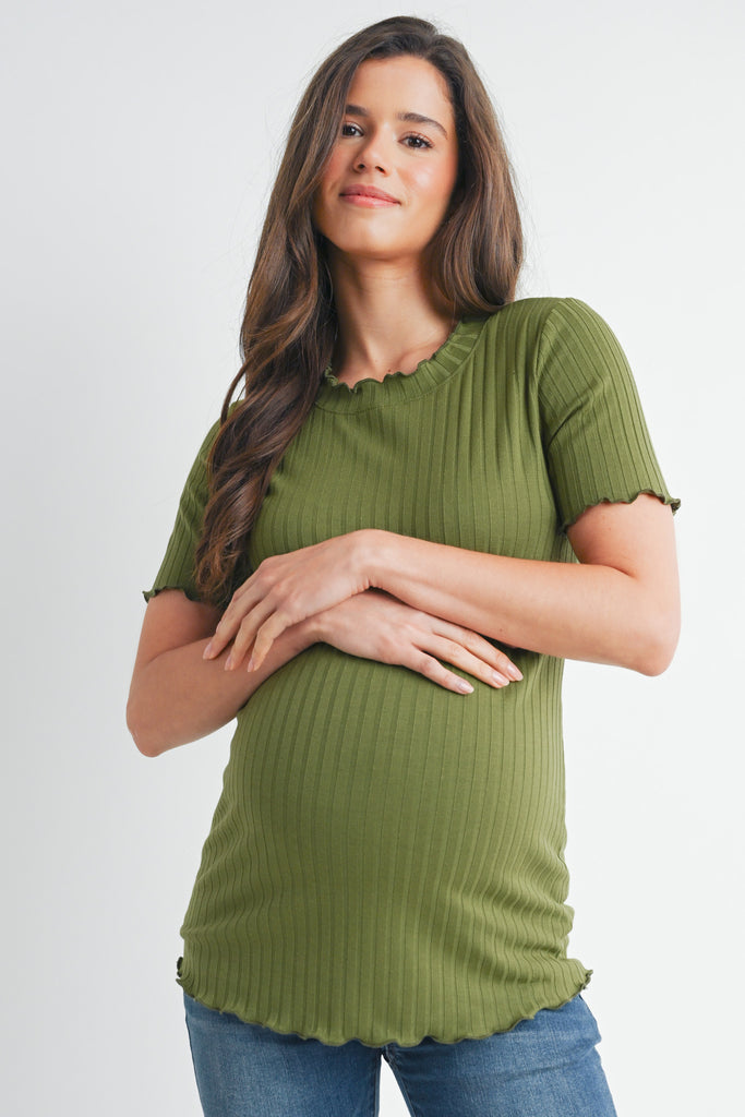 Olive Ribbed Round Neck Short Sleeve Maternity Top Front View