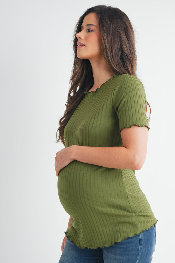 Olive Ribbed Round Neck Short Sleeve Maternity Top Side View