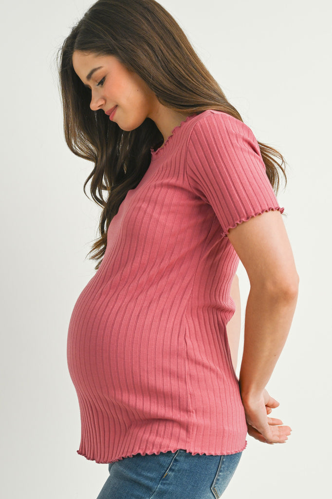 Mauve Ribbed Round Neck Short Sleeve Maternity Top Side View