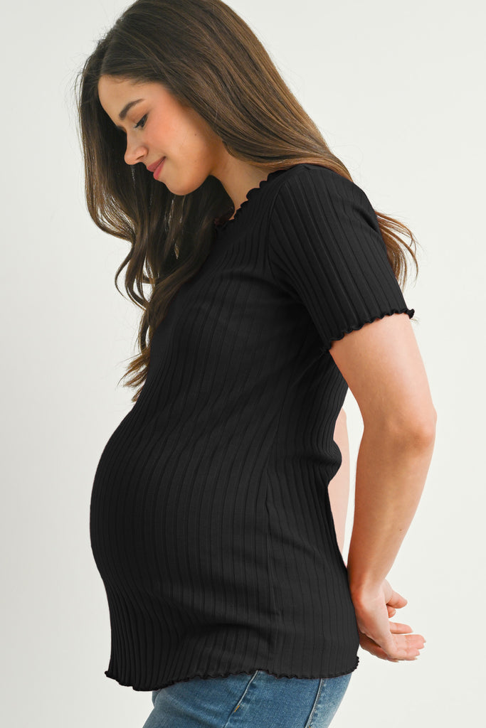 Black Ribbed Round Neck Short Sleeve Maternity Top Side View