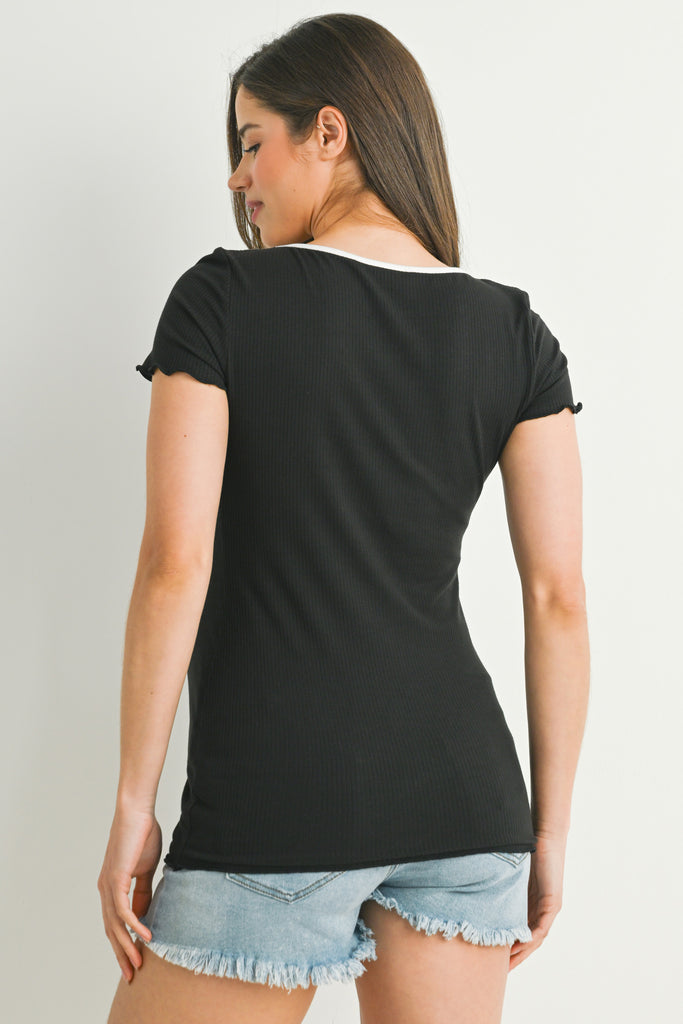 Black Ribbed Scoop Neck Lettuce Trim Maternity Top Back View