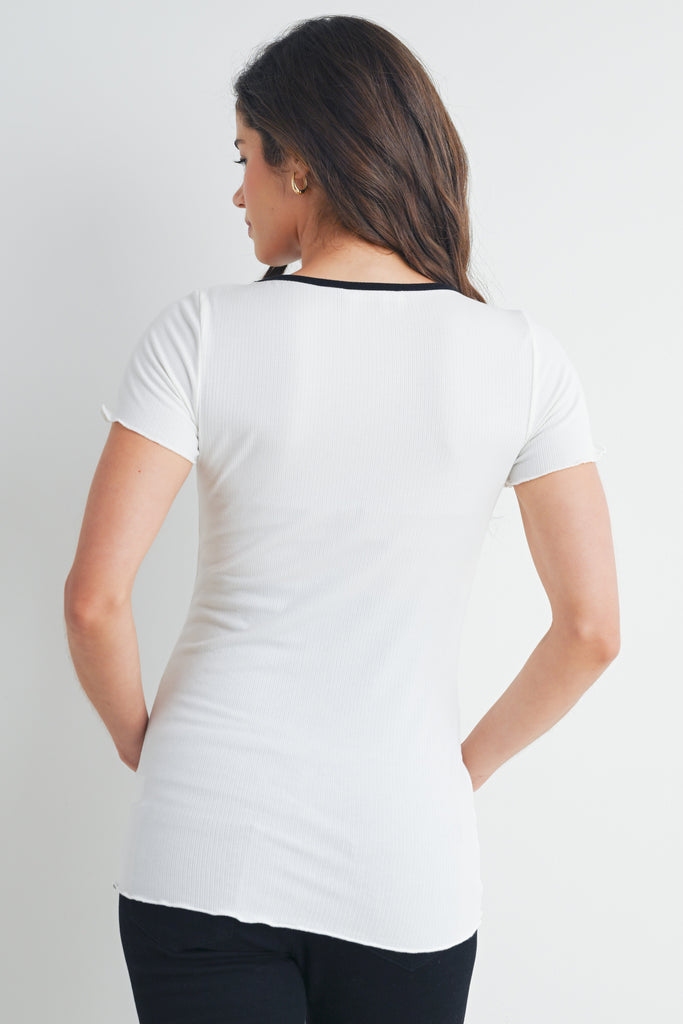 White Ribbed Scoop Neck Lettuce Trim Maternity Top Back View