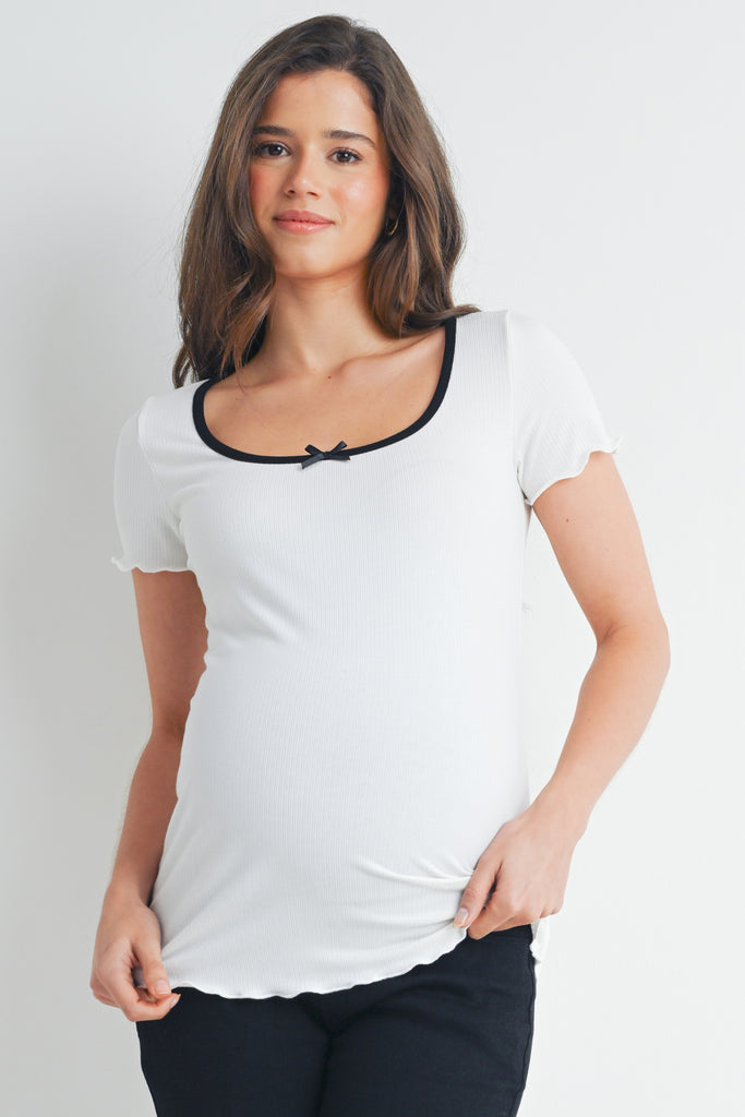 White Ribbed Scoop Neck Lettuce Trim Maternity Top Front View