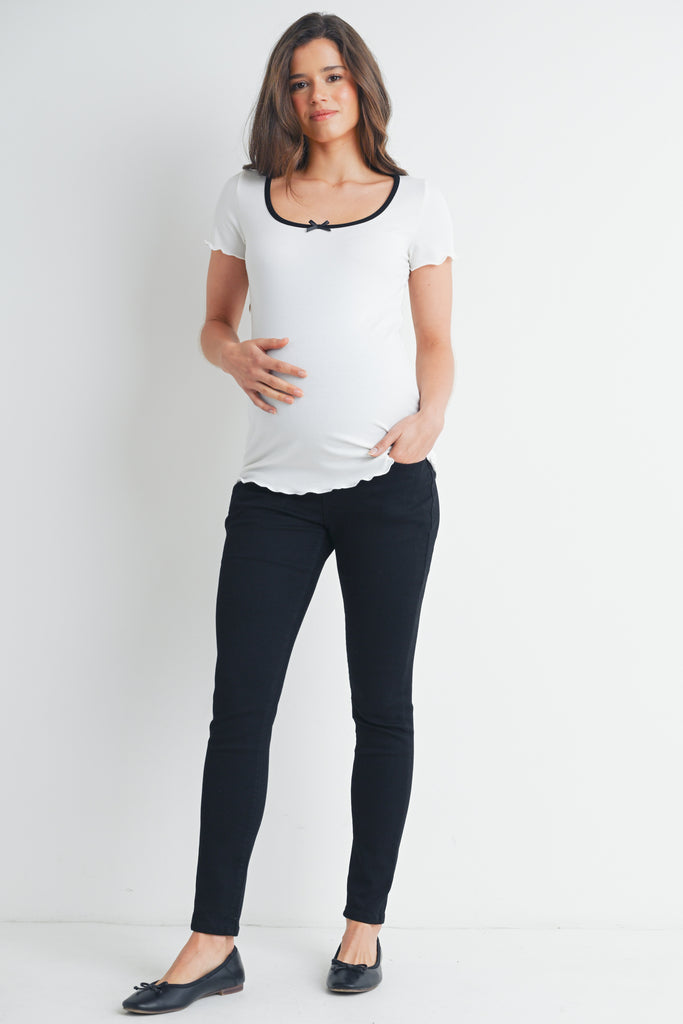 White Ribbed Scoop Neck Lettuce Trim Maternity Top Full Body