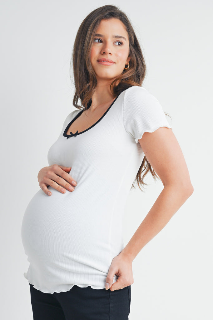 White Ribbed Scoop Neck Lettuce Trim Maternity Top Side View