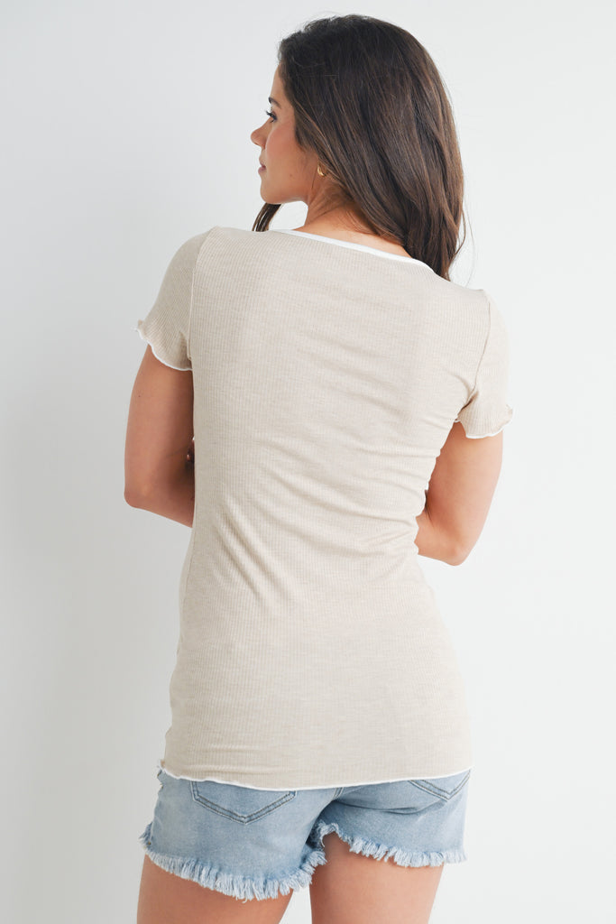 Oatmeal Ribbed Scoop Neck Lettuce Trim Maternity Top Back View