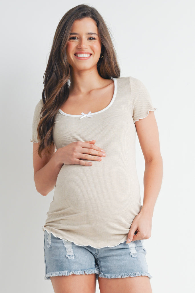 Oatmeal Ribbed Scoop Neck Lettuce Trim Maternity Top Front View