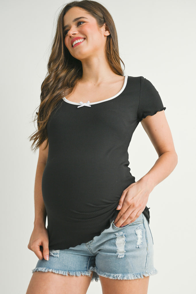 Black Ribbed Scoop Neck Lettuce Trim Maternity Top Front View