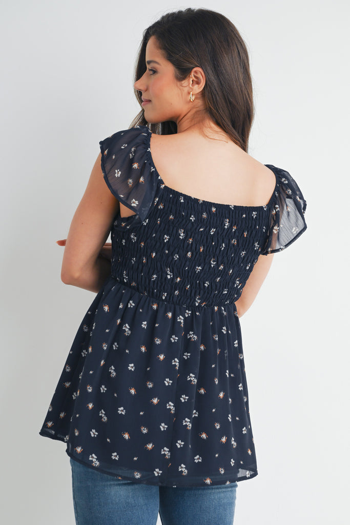 Dark Navy Smocked Floral Flutter Sleeve Maternity Top Back View