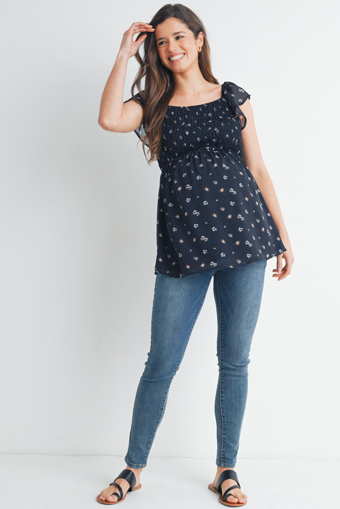 Dark Navy Smocked Floral Flutter Sleeve Maternity Top Full Body