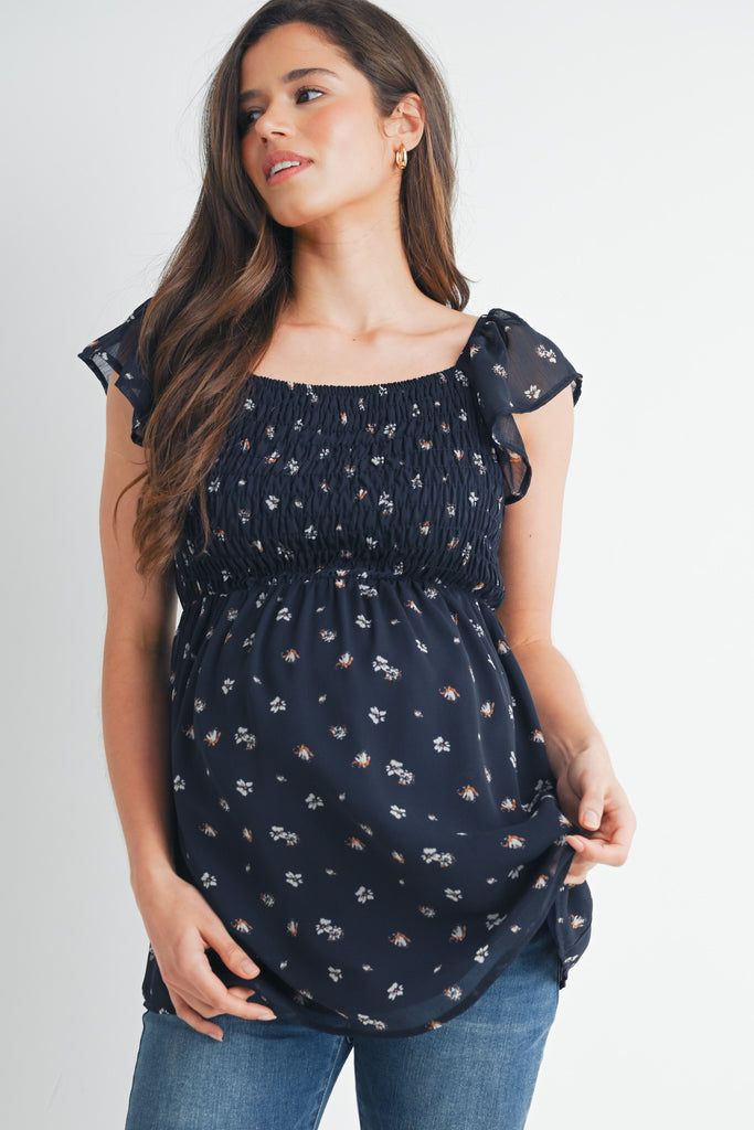 Dark Navy Smocked Floral Flutter Sleeve Maternity Top Front View