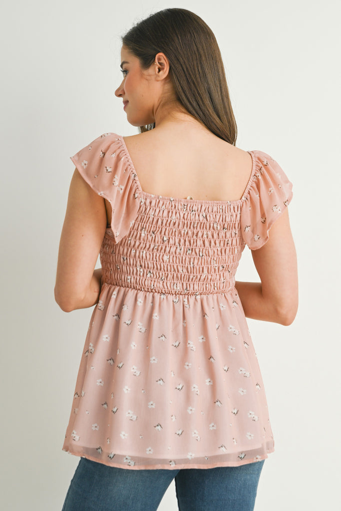 Blush Smocked Floral Flutter Sleeve Maternity Top Back View