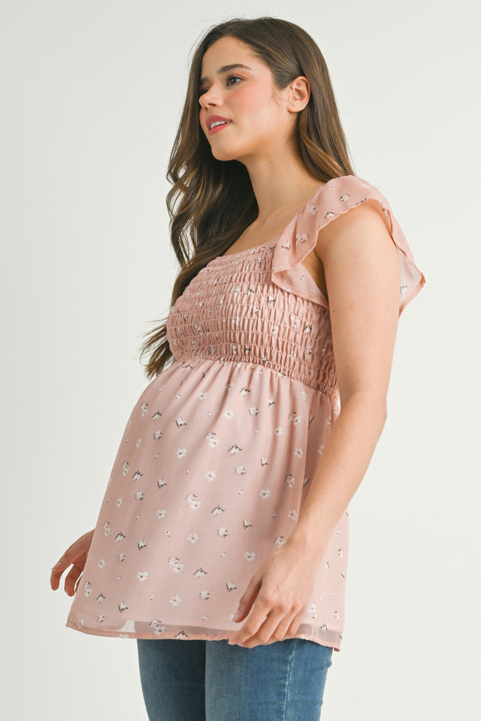 Blush Smocked Floral Flutter Sleeve Maternity Top Side View