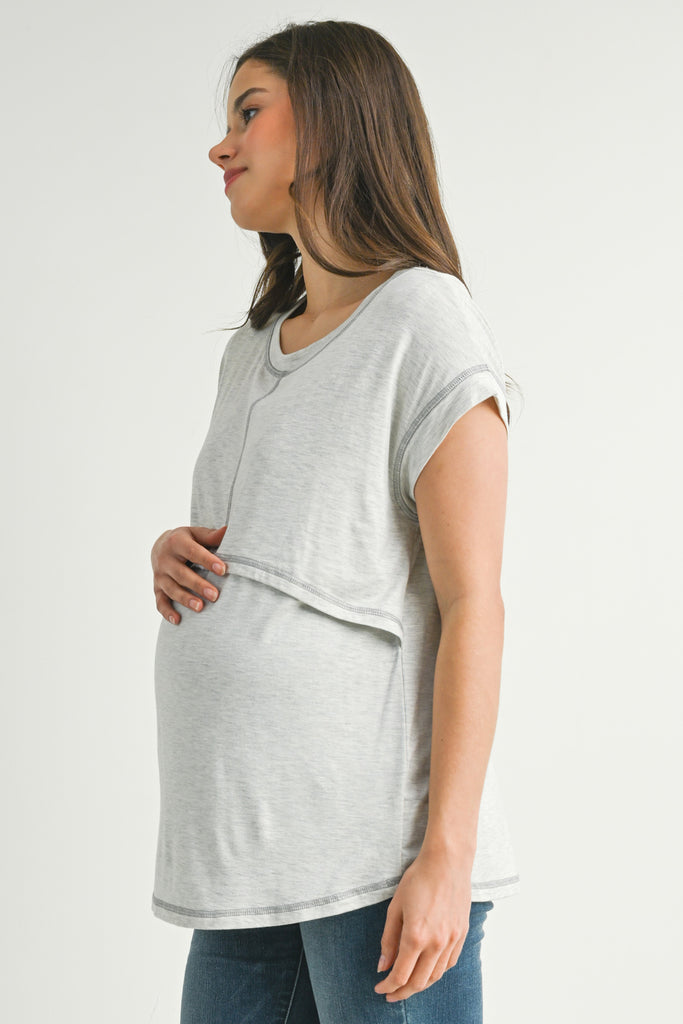 Grey Double Layer Short Sleeve Maternity Nursing T Shirt Side View