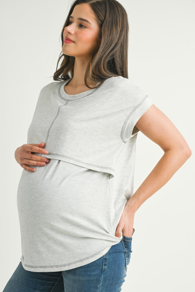 Grey Double Layer Short Sleeve Maternity Nursing T Shirt Side View