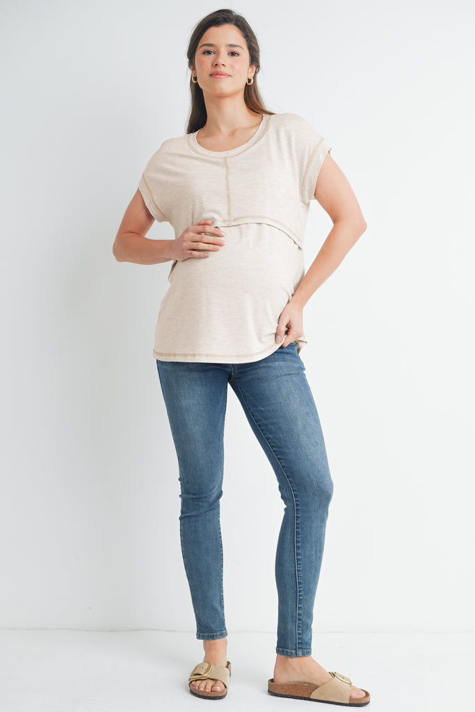 Oatmeal Double Layer Short Sleeve Maternity Nursing T Shirt Full Body