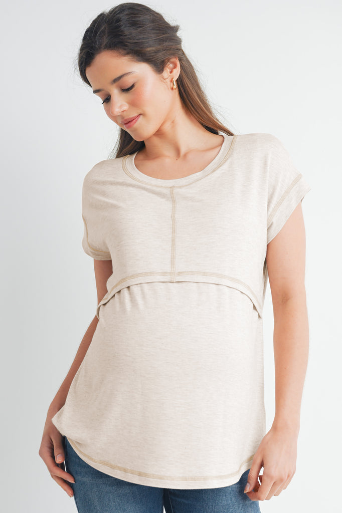 Oatmeal Double Layer Short Sleeve Maternity Nursing T Shirt Front View