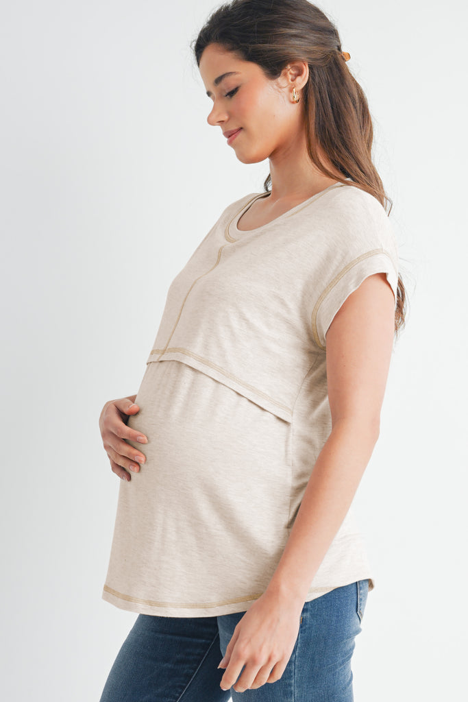 Oatmeal Double Layer Short Sleeve Maternity Nursing T Shirt Side View