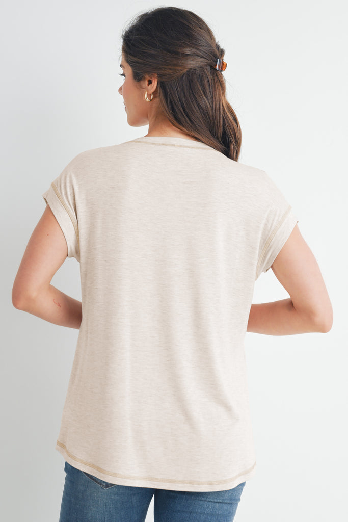 Oatmeal Double Layer Short Sleeve Maternity Nursing T Shirt Back View