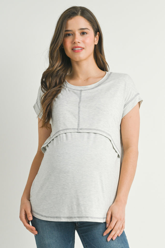 Grey Double Layer Short Sleeve Maternity Nursing T Shirt Front View