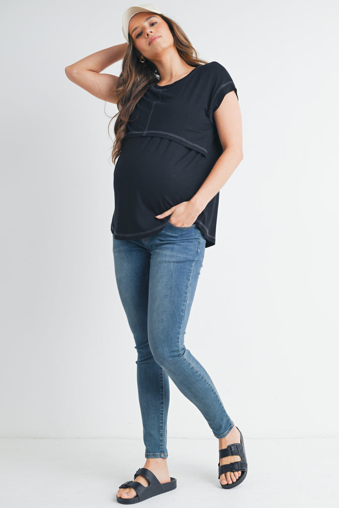 Black Double Layer Short Sleeve Maternity Nursing T Shirt Full Body