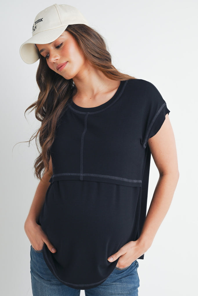 Black Double Layer Short Sleeve Maternity Nursing T Shirt Front View