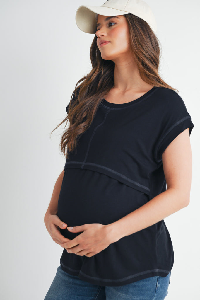 Black Double Layer Short Sleeve Maternity Nursing T Shirt Side View