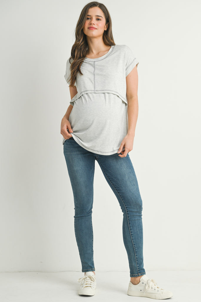 Grey Double Layer Short Sleeve Maternity Nursing T Shirt Full Body