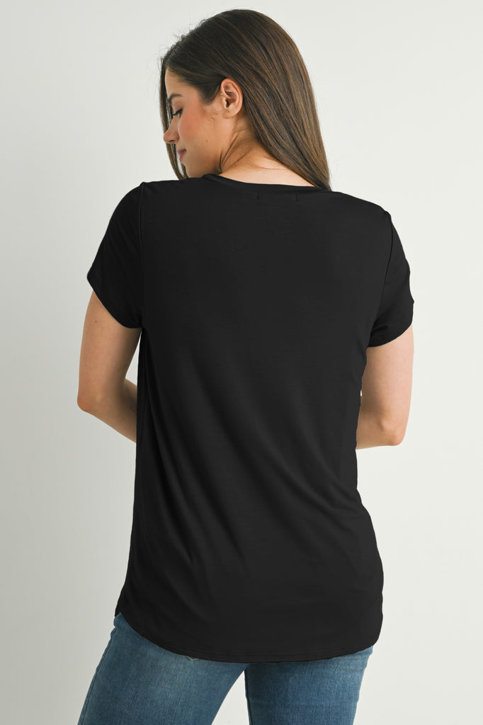 Black Nursing Friendly Scoop Neck Short Sleeve Maternity Pocket T-Shirt Back View