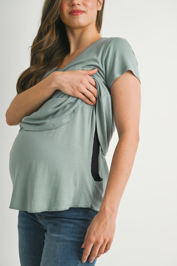 Sage Nursing Friendly Scoop Neck Short Sleeve Maternity Pocket T-Shirt Nursing Detail