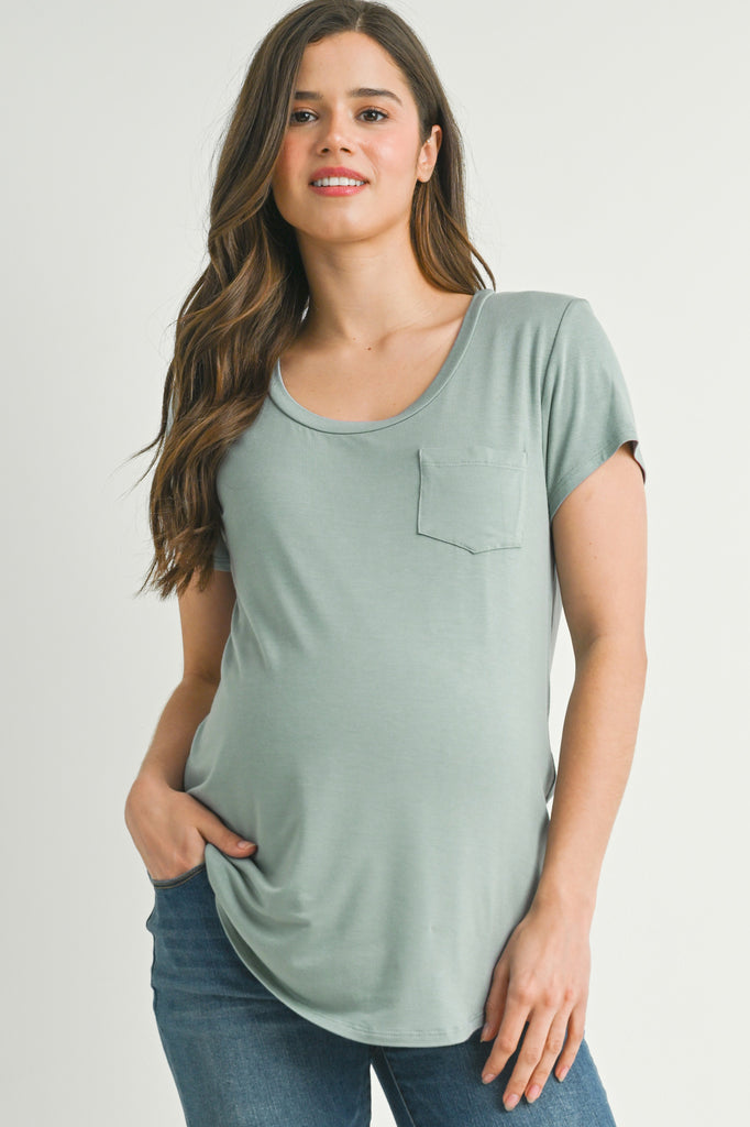 Sage Nursing Friendly Scoop Neck Short Sleeve Maternity Pocket T-Shirt Front View