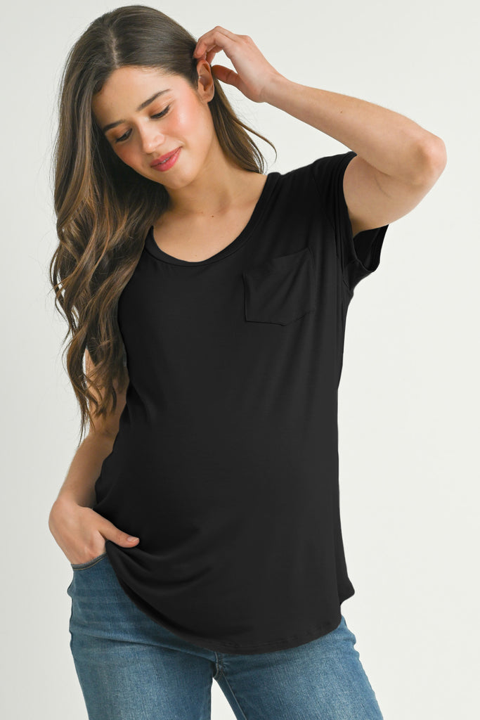 Black Nursing Friendly Scoop Neck Short Sleeve Maternity Pocket T-Shirt Front View