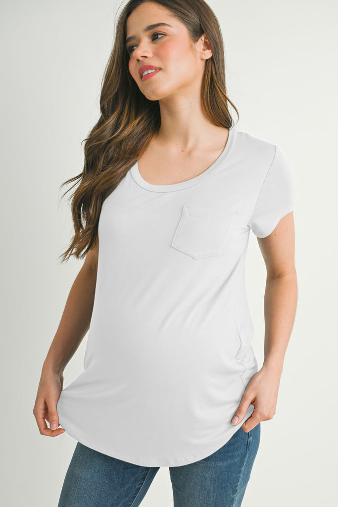 Ivory Nursing Friendly Scoop Neck Short Sleeve Maternity Pocket T-Shirt Front View