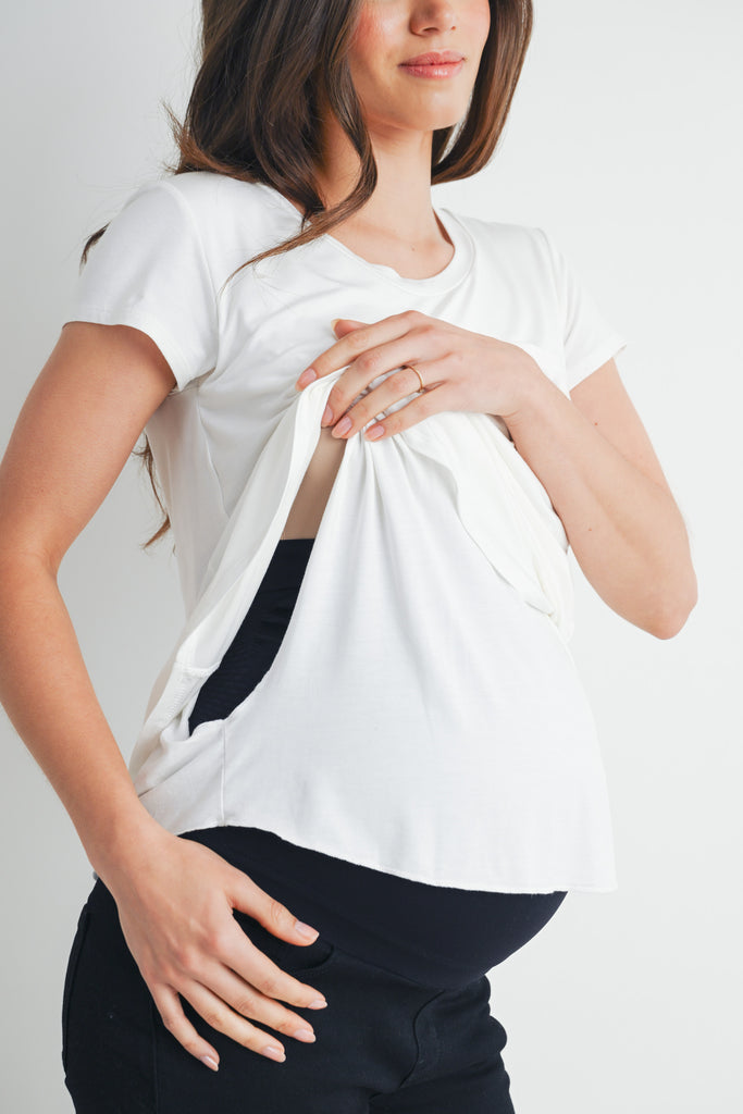 Ivory Nursing Friendly Scoop Neck Short Sleeve Maternity Pocket T-Shirt Nursing Detail Close Up