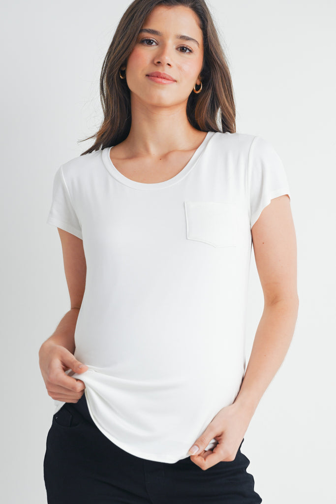 Ivory Nursing Friendly Scoop Neck Short Sleeve Maternity Pocket T-Shirt Front View