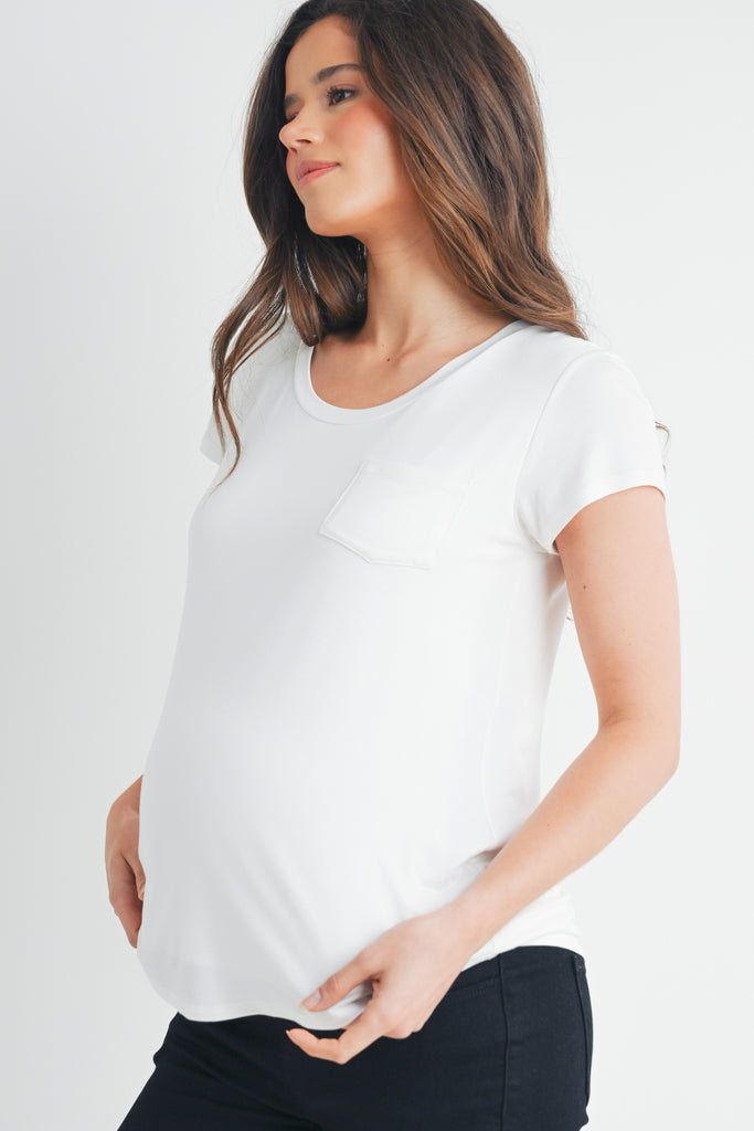 Ivory Nursing Friendly Scoop Neck Short Sleeve Maternity Pocket T-Shirt Side View