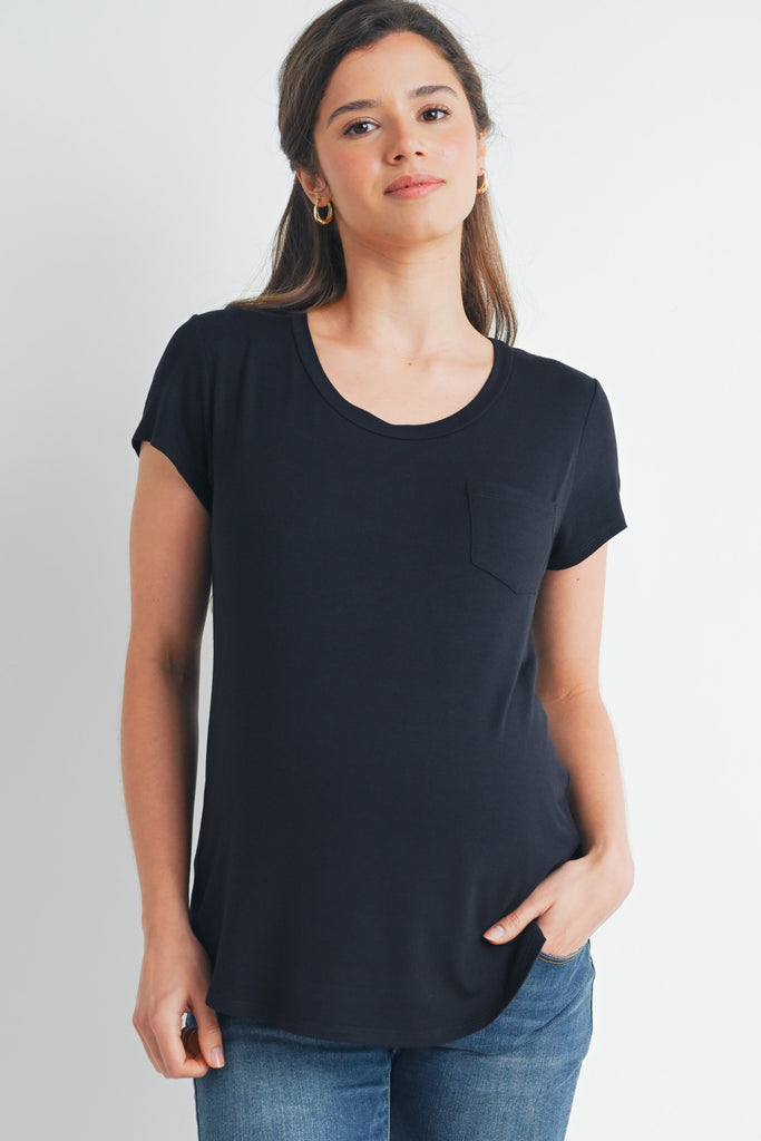 Black Nursing Friendly Scoop Neck Short Sleeve Maternity Pocket T-Shirt Front View