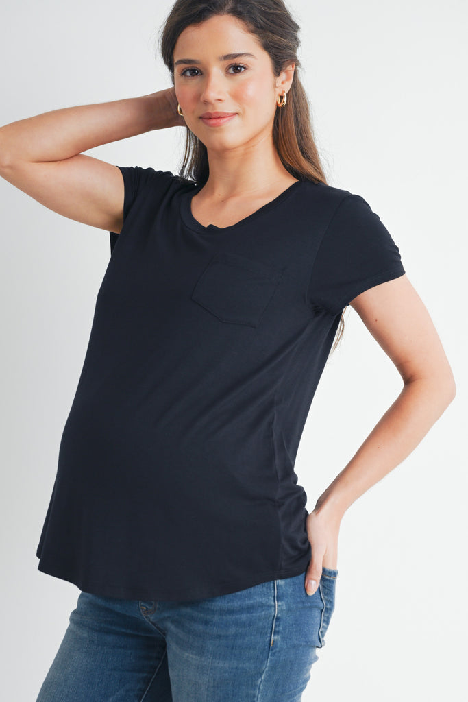 Black Nursing Friendly Scoop Neck Short Sleeve Maternity Pocket T-Shirt Side View